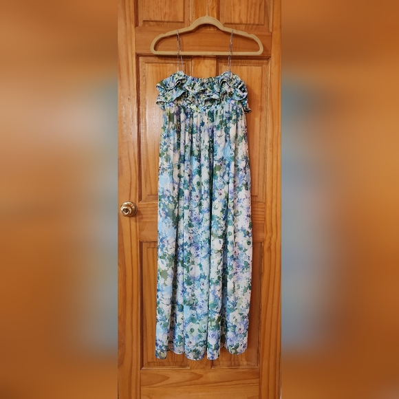 MANGO Mng Sky Blue Green Empire Floral Ruffled Maxi Midi Dress Size US 4 - Picture 4 of 10